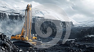 Powerful rotary drill mining coal in open pit coal mine in winter