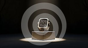 Powerful sci-fi floodlight on pedestal in dark void