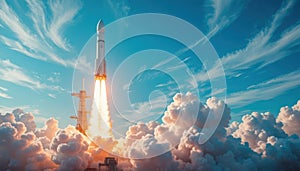 Powerful Space Rocket Launch into Blue Sky