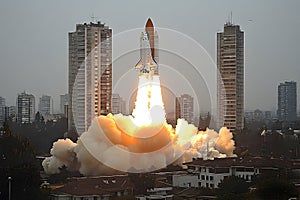 Space Shuttle Launch Over City