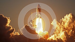 A powerful space shuttle launch, blazing into the sky amongst monumental clouds at sunset, depicting innovation and