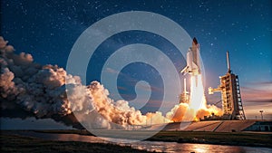 A powerful space shuttle launching against a starry night sky.