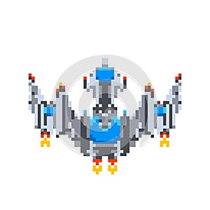 Powerful spaceship, game hero in pixel art style on white