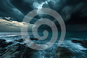 A powerful storm looms over the ocean, as dark clouds gather and waves crash against rocks in the foreground, Calm before the