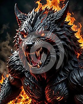 powerful strong vicious evil demon werewolf with flaming hell fire background hellfire