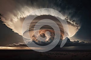 A powerful supercell storm with tornado. Climate change concept. Generative AI