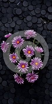 Powerful Symbolism: Purple Flowers On Black Surface With Stones photo