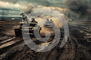 Powerful tanks advancing through ravaged landscape, ready to unleash unstoppable force photo