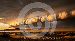 Dramatic desert storm with lightning at sunset