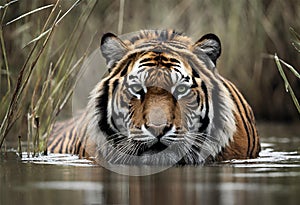 A powerful tiger gracefully wades through the shimmering waters,