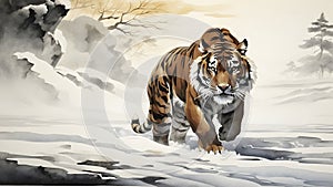 A powerful tiger, its silhouette barely visible against a snowy landscape.