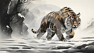 A powerful tiger, its silhouette barely visible against a snowy landscape.