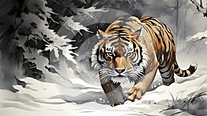 A powerful tiger, its silhouette barely visible against a snowy landscape.
