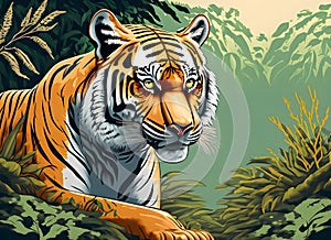 a powerful tiger prowling amidst the lush foliage of a dense forest
