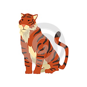 Powerful tiger sitting, wild cat, predator cartoon vector Illustration on a white background