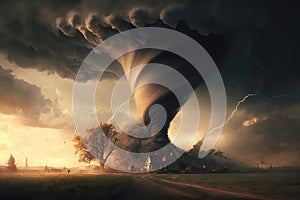 Powerful tornado with damaged houses, illustration generated by AI