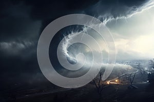 A powerful tornado forming destruction over a populated landscape. A swirling vortex of wind and debris. Generative AI