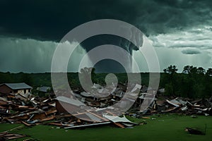 A powerful tornado looming over a devastated neighborhood, ominous dark stormy skies