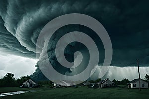 A powerful tornado looming over a devastated neighborhood, ominous dark stormy skies