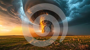 A powerful tornado moves under the road. Catastrophic natural phenomenon