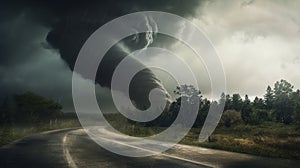 Powerful Tornado On Road In Stormy Landscape. A large storm producing a Tornado