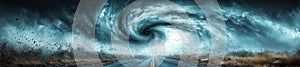 Powerful tornado swirling over an empty road with debris and dust