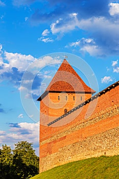 A powerful tower of the Lida castle from red brick and stone