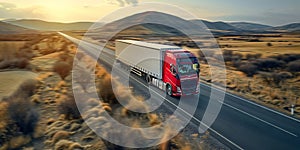 Powerful truck with huge body drives along rural road across rural site at sunrise. Cargo delivery vehicle in motion at