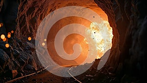 Powerful underground mine explosion with flying debris dust capturing the intense force and dramatic impact of the blast in a