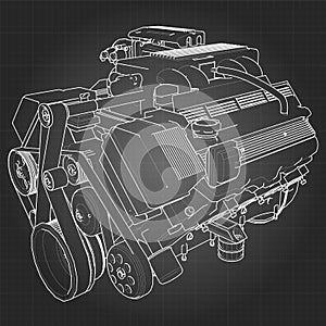 Powerful V8 car engine. The engine is drawn with white lines on a black sheet in a cage