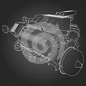 Powerful V8 car engine. The engine is drawn with white lines on a black sheet in a cage