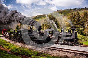 Antique Shay Steam Locomotives Powering Down Track - Cass Railroad - West Virginia photo