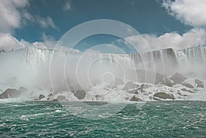 Powerful view of Niagara Falls. Shot from the water.