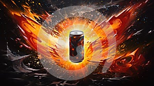 A powerful visual of an energy drink can amidst a cosmic explosion of energy, stars and streaks of light surrounding it