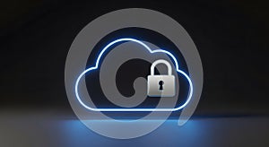 Secure Cloud Computing: Neon Blue Padlock Symbolizing Digital Data Protection for Modern Users