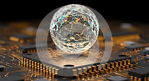 Quantum sphere floating over a futuristic microchip