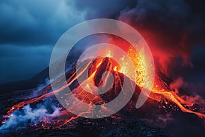 A powerful volcano erupts molten lava forcefully into the air, creating a dramatic and intense display of natural forces, A fiery