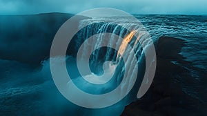 Powerful Waterfall Cascading Down Dramatic Landscape with Mist and Spray