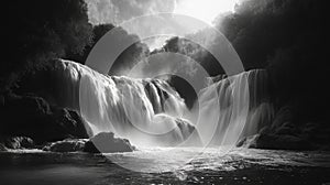 Powerful Waterfall in Monochrome Landscape