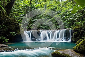 A powerful waterfall plunging into a secluded pool in the heart of a dense jungle, surrounded by towering trees and photo