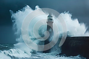 A powerful wave crashes against a resilient lighthouse standing tall amidst the stormy seas, Ocean waves breaking against a