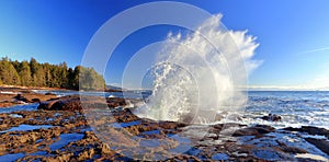 Powerful Wave Crashes into the Sandstone Shelf at Botanical Beach Provincial Park, Vancouver Island, British Columbia, Canada