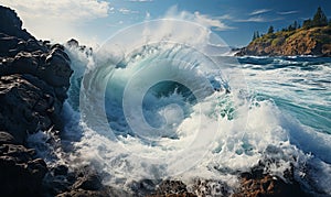 Powerful Wave Crashing Against Rocky Shore