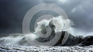 Powerful Wave Crashing Into Ocean on Stormy Day