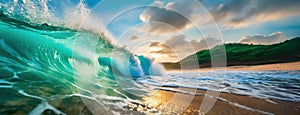 A powerful wave crashing onto a sandy beach at sunrise. Vibrant and dynamic ocean scene. The interaction between