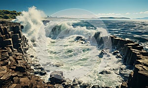 Powerful Wave Crashing Into Rocky Shore