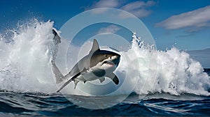 A powerful white shark leaps out of the ocean photo