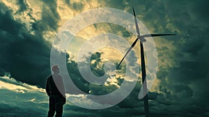 A powerful wind turbine against a dramatic cloudy sky serves as the focal point of the image. In the foreground a