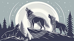 Powerful Wolves Howling at the Full Moon in a Dark Forest, vector design Generative AI