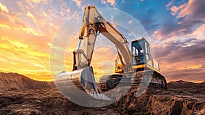 Yellow Excavator Digging Dirt at Construction Site During Colorful Sunset